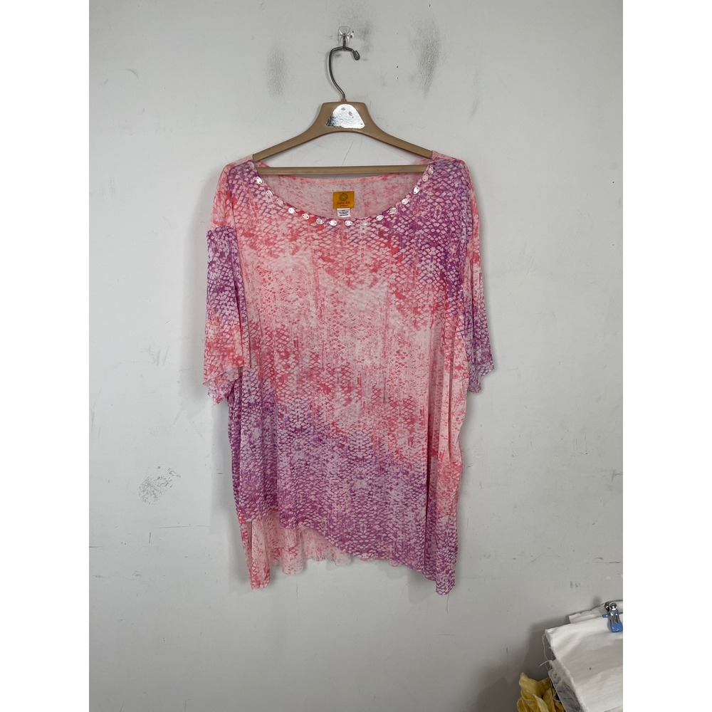 Ruby Rd Woman 3X Pink‎ Purple Snakeskin Print Beaded Scoop Neck Mesh Top Shirt